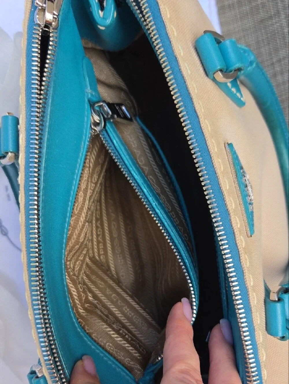 Prada Beige and Teal Top-Handle Tote
